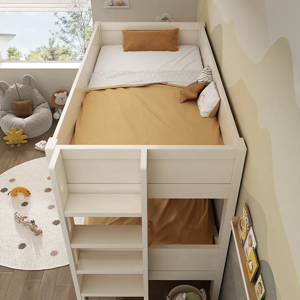 Lit superposé 90x200 cm séparables avec échelle amovible et design luge en bois et métal, blanc>Redom New