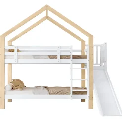 Fortuna lai Lit superposé 90x200 cm, toboggan, échelle 3 marches, sécurité, cadre bois blanc,naturel*Enfant Lit Enfant