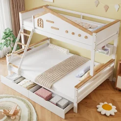 Lit superposé 90x200 et 140x200 cm enfant, 2 tiroirs, échelle et fenêtre, bois pin et MDF blanc et naturel sans matelas>Okwish Best