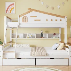 Lit superposé 90x200 et 140x200 cm enfant, 2 tiroirs, échelle et fenêtre, bois pin et MDF blanc et naturel sans matelas><noscript><img width=