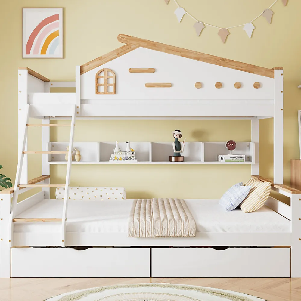 Lit superposé 90x200 et 140x200 cm enfant, 2 tiroirs, échelle et fenêtre, bois pin et MDF blanc et naturel sans matelas>Okwish Best
