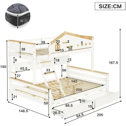 Lit superposé 90x200 et 140x200 cm enfant, 2 tiroirs, échelle et fenêtre, bois pin et MDF blanc et naturel sans matelas><noscript><img width=