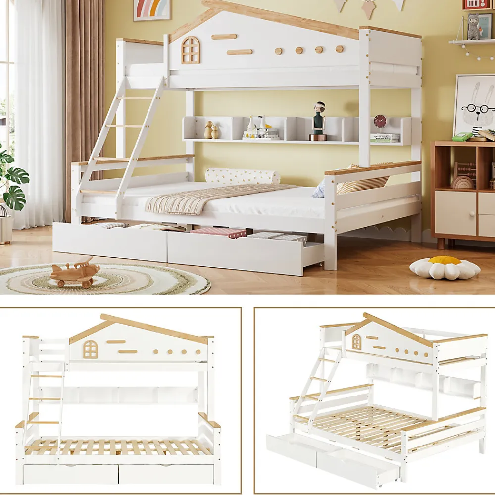 Lit superposé 90x200 et 140x200 cm enfant, 2 tiroirs, échelle et fenêtre, bois pin et MDF blanc et naturel sans matelas>Okwish Best