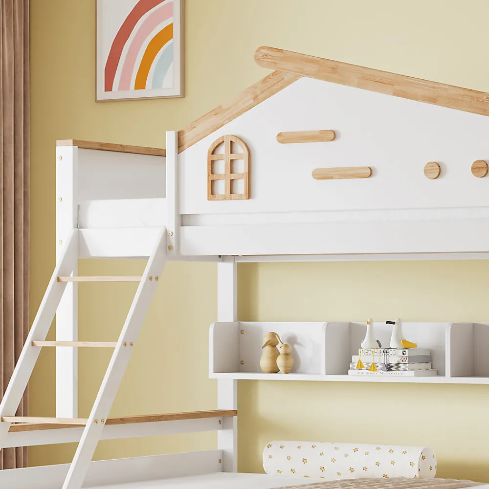 Lit superposé 90x200 et 140x200 cm enfant, 2 tiroirs, échelle et fenêtre, bois pin et MDF blanc et naturel sans matelas>Okwish Best