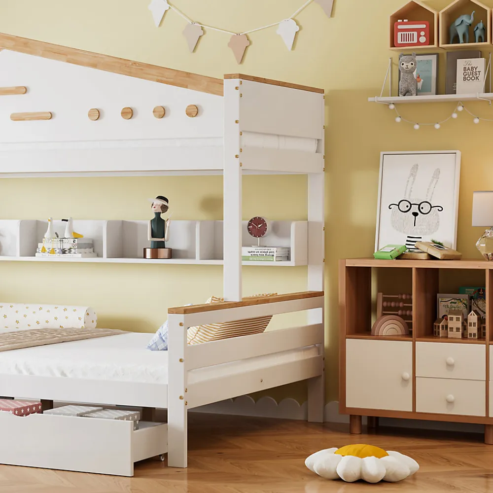 Lit superposé 90x200 et 140x200 cm enfant, 2 tiroirs, échelle et fenêtre, bois pin et MDF blanc et naturel sans matelas>Okwish Best
