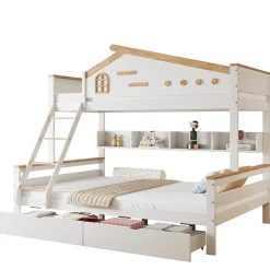 Lit superposé 90x200 et 140x200 cm enfant, 2 tiroirs, échelle et fenêtre, bois pin et MDF blanc et naturel sans matelas><noscript><img width=