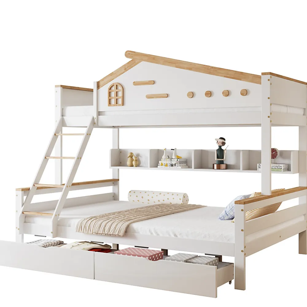Lit superposé 90x200 et 140x200 cm enfant, 2 tiroirs, échelle et fenêtre, bois pin et MDF blanc et naturel sans matelas>Okwish Best