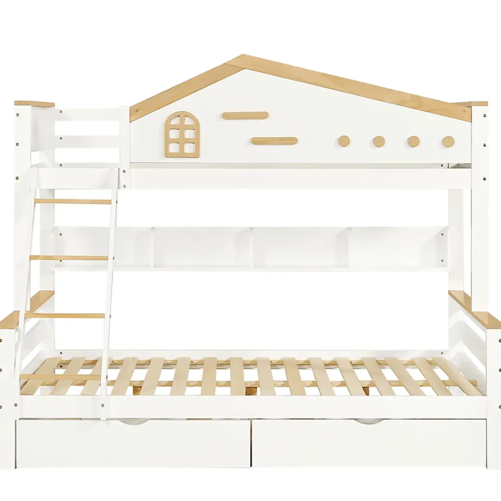 ProximaX Lit superposé 90x200 et 140x200 cm en pin et MDF blanc avec barrières, 2 tiroirs, échelle 4 marches et étagères ouvertes*Enfant Lit Enfant