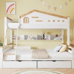 ProximaX Lit superposé 90x200 et 140x200 cm en pin et MDF blanc avec barrières, 2 tiroirs, échelle 4 marches et étagères ouvertes*Enfant Lit Enfant