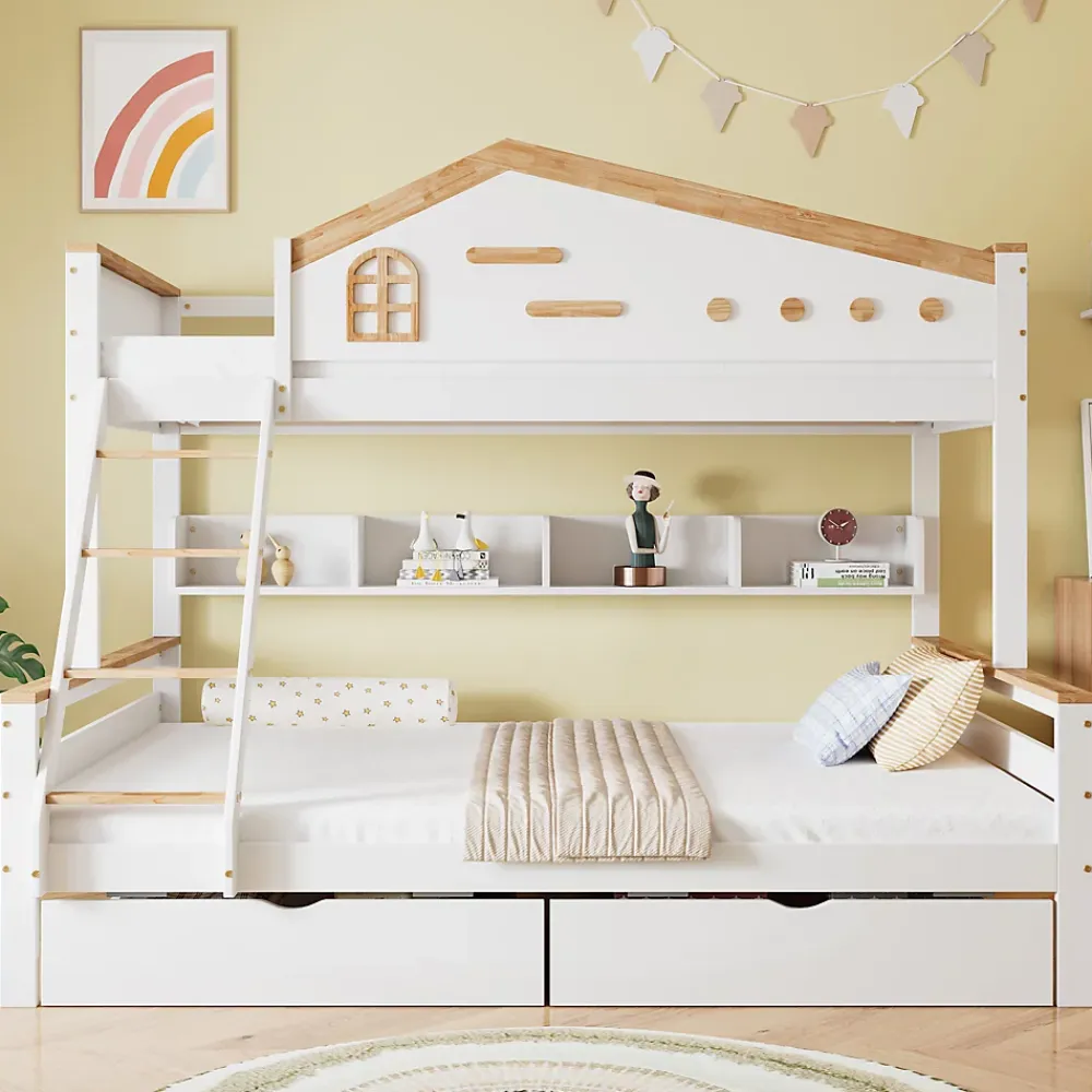 ProximaX Lit superposé 90x200 et 140x200 cm en pin et MDF blanc avec barrières, 2 tiroirs, échelle 4 marches et étagères ouvertes*Enfant Lit Enfant