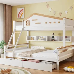 ProximaX Lit superposé 90x200 et 140x200 cm en pin et MDF blanc avec barrières, 2 tiroirs, échelle 4 marches et étagères ouvertes*Enfant Lit Enfant