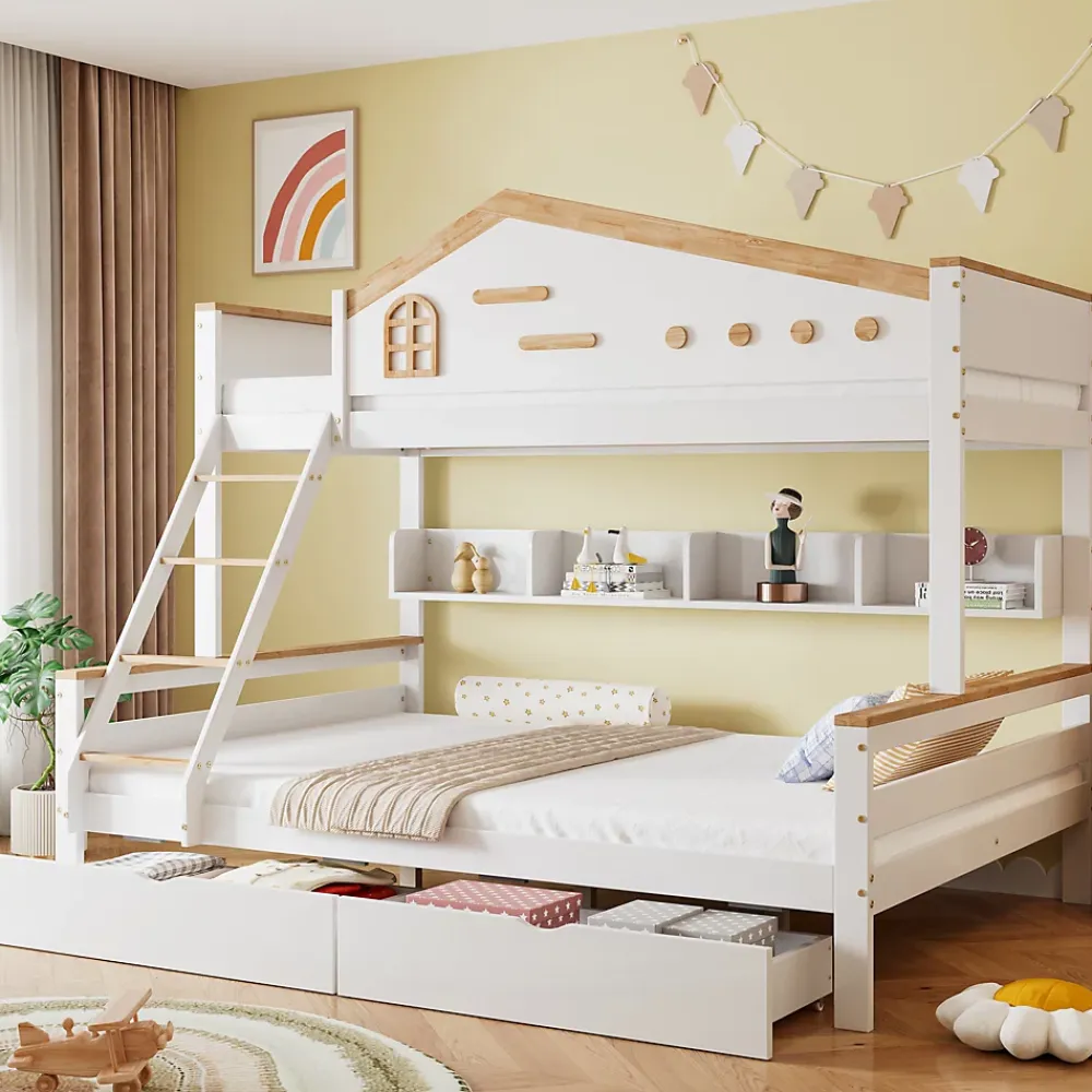 ProximaX Lit superposé 90x200 et 140x200 cm en pin et MDF blanc avec barrières, 2 tiroirs, échelle 4 marches et étagères ouvertes*Enfant Lit Enfant