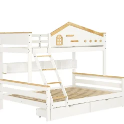 ProximaX Lit superposé 90x200 et 140x200 cm en pin et MDF blanc avec barrières, 2 tiroirs, échelle 4 marches et étagères ouvertes*Enfant Lit Enfant