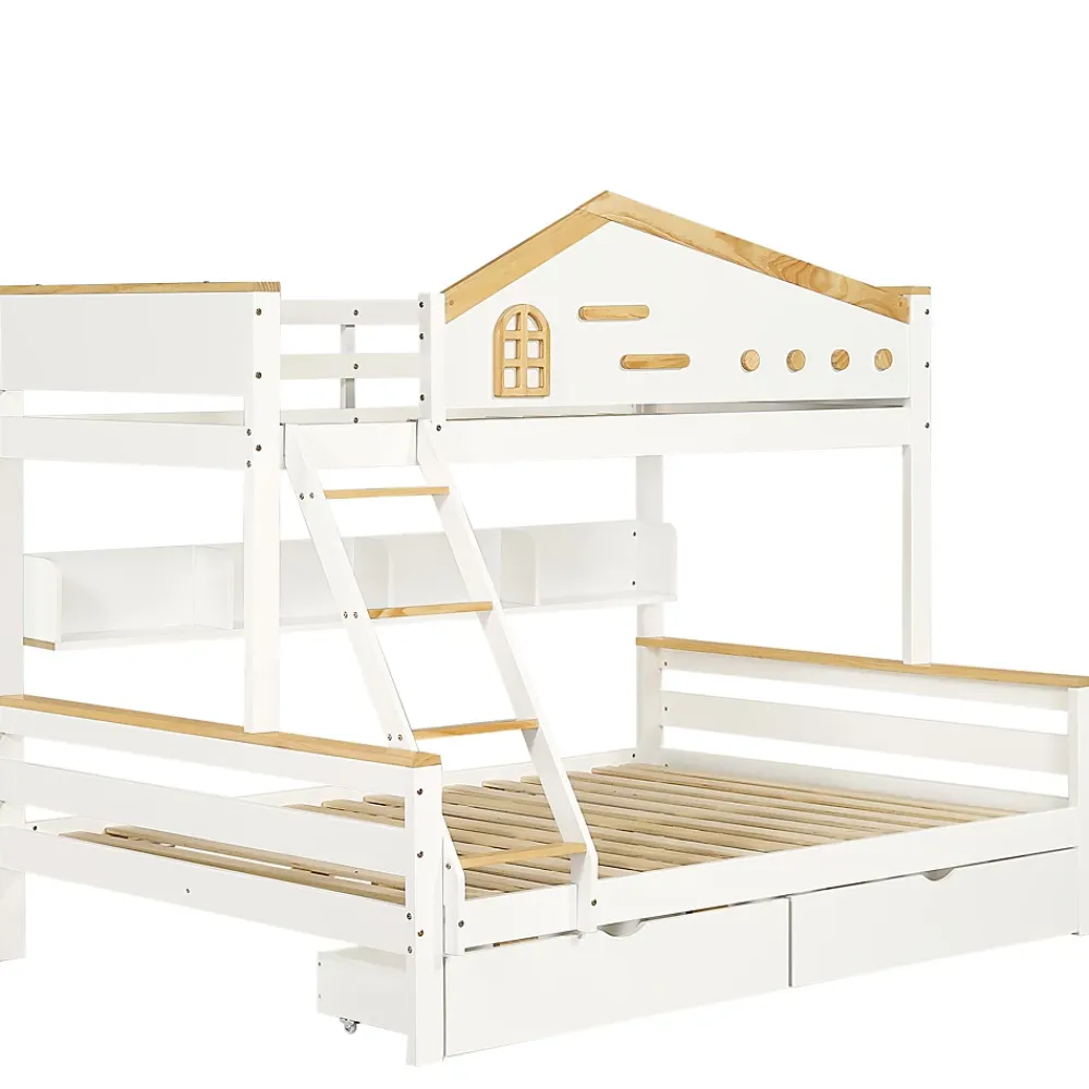 ProximaX Lit superposé 90x200 et 140x200 cm en pin et MDF blanc avec barrières, 2 tiroirs, échelle 4 marches et étagères ouvertes*Enfant Lit Enfant
