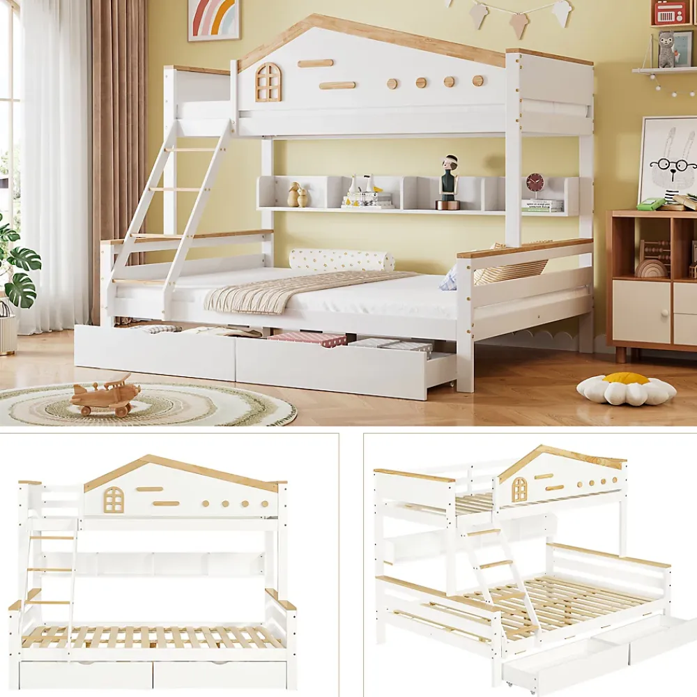 ProximaX Lit superposé 90x200 et 140x200 cm en pin et MDF blanc avec barrières, 2 tiroirs, échelle 4 marches et étagères ouvertes*Enfant Lit Enfant