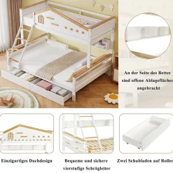 ProximaX Lit superposé 90x200 et 140x200 cm en pin et MDF blanc avec barrières, 2 tiroirs, échelle 4 marches et étagères ouvertes*Enfant Lit Enfant