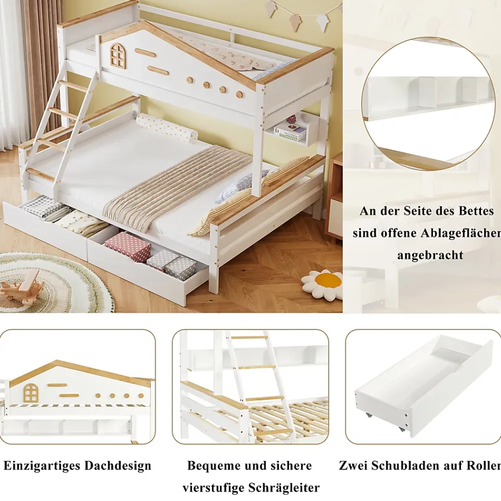 ProximaX Lit superposé 90x200 et 140x200 cm en pin et MDF blanc avec barrières, 2 tiroirs, échelle 4 marches et étagères ouvertes*Enfant Lit Enfant