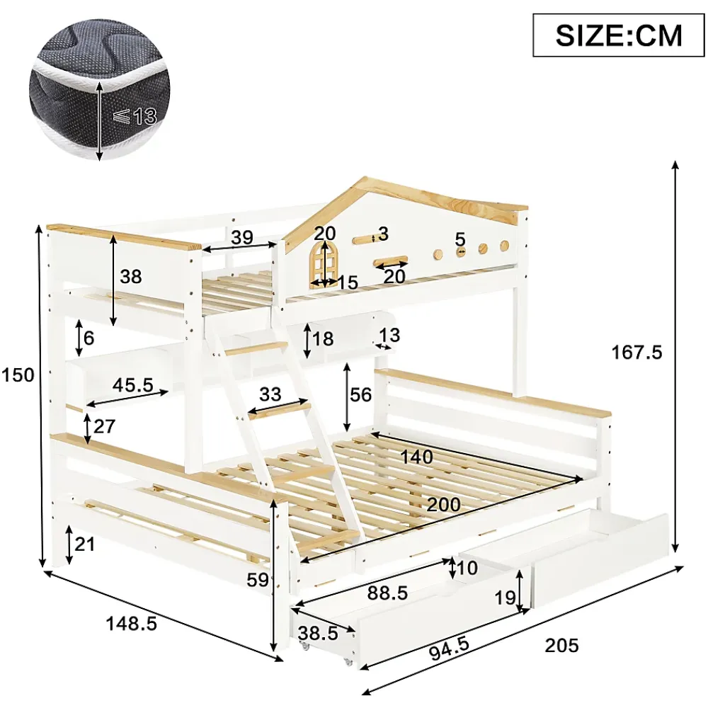 ProximaX Lit superposé 90x200 et 140x200 cm en pin et MDF blanc avec barrières, 2 tiroirs, échelle 4 marches et étagères ouvertes*Enfant Lit Enfant