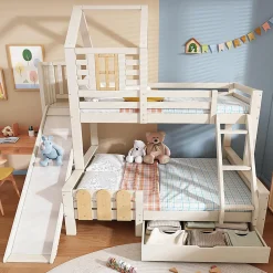 Lit superposé 90x200 et 140x200cm, lit mezzanine pour enfant avec tiroir, toboggan et échelle, design cabane>Blackcolors Best