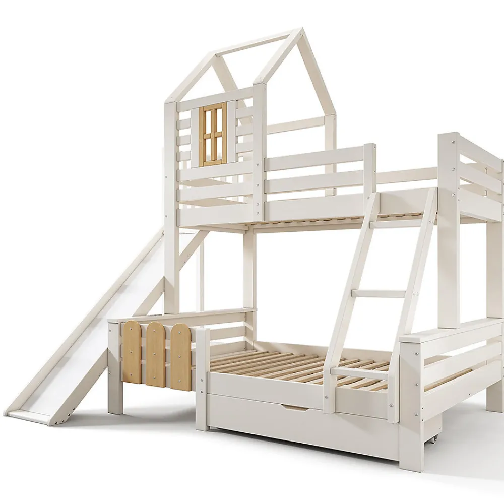 Lit superposé 90x200 et 140x200cm, lit mezzanine pour enfant avec tiroir, toboggan et échelle, design cabane>Blackcolors Best