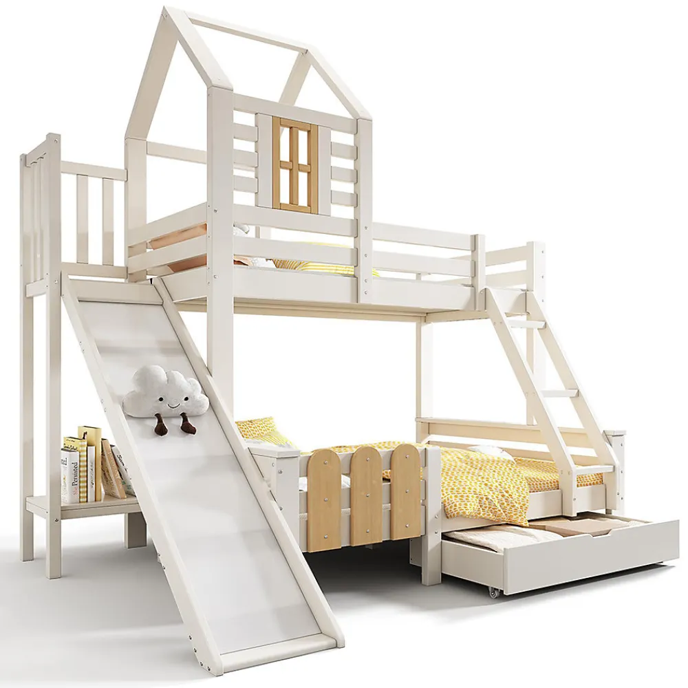 Lit superposé 90x200 et 140x200cm, lit mezzanine pour enfant avec tiroir, toboggan et échelle, design cabane>Blackcolors Best