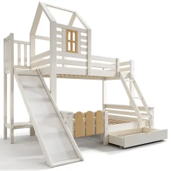 Lit superposé 90x200 et 140x200cm, lit mezzanine pour enfant avec tiroir, toboggan et échelle, design cabane><noscript><img width=