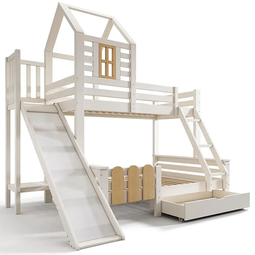 Lit superposé 90x200 et 140x200cm, lit mezzanine pour enfant avec tiroir, toboggan et échelle, design cabane>Blackcolors Best