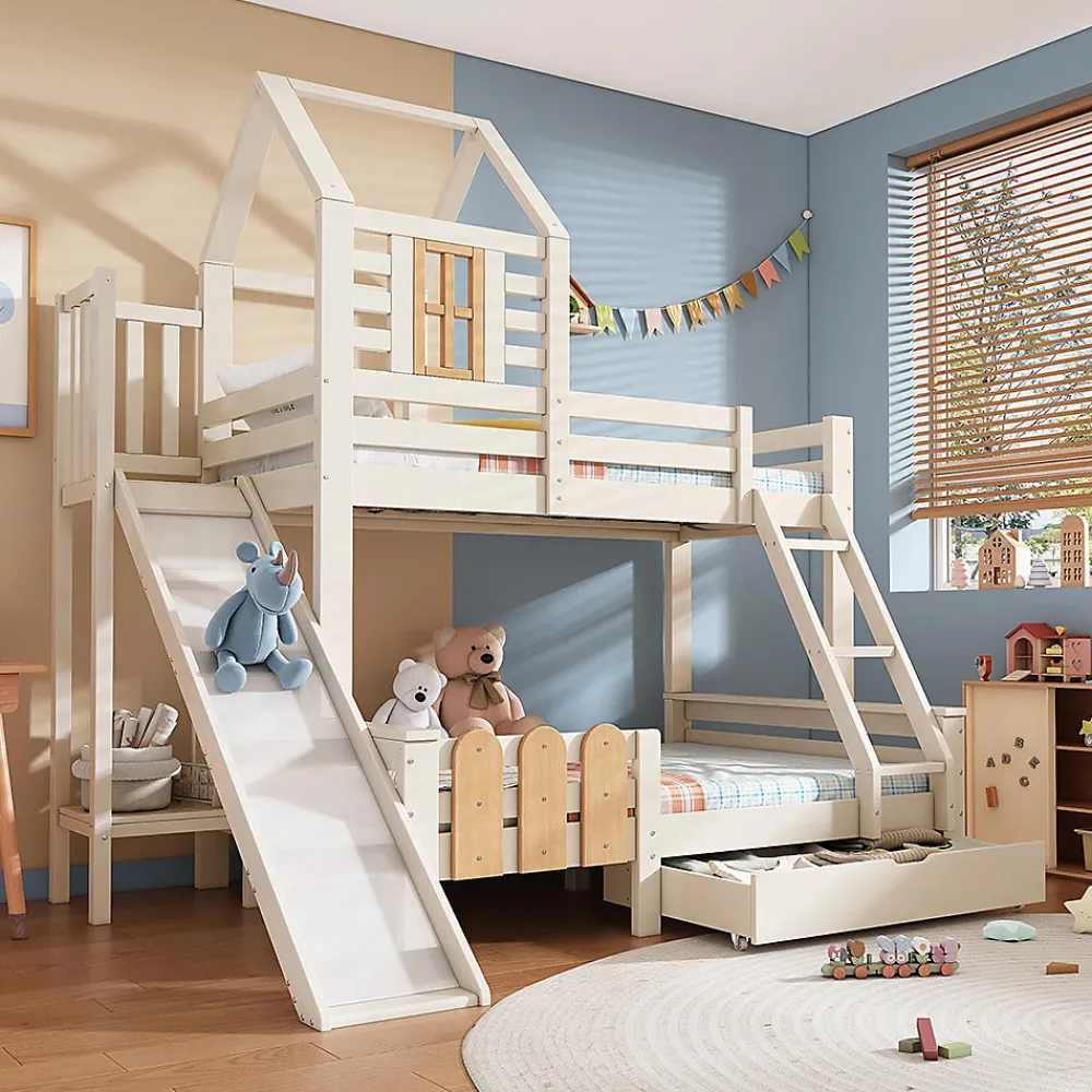 Lit superposé 90x200 et 140x200cm, lit mezzanine pour enfant avec tiroir, toboggan et échelle, design cabane>Blackcolors Best