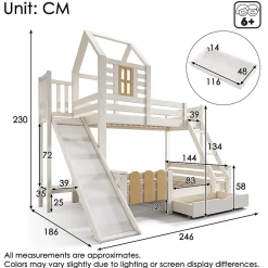 Lit superposé 90x200 et 140x200cm, lit mezzanine pour enfant avec tiroir, toboggan et échelle, design cabane><noscript><img width=