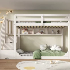 Lit superposé 90x200cm avec escalier de rangement et étagères - 2 tiroirs - Bois massif+panneaux de particules - Blanc>ModernLuxe Discount
