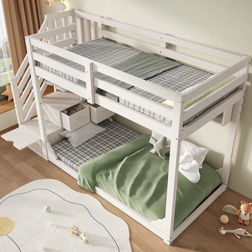 Lit superposé 90x200cm avec escalier de rangement et étagères - 2 tiroirs - Bois massif+panneaux de particules - Blanc>ModernLuxe Discount