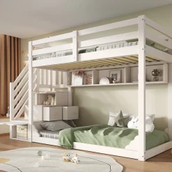 Lit superposé 90x200cm avec escalier de rangement et étagères - 2 tiroirs - Bois massif+panneaux de particules - Blanc><noscript><img width=