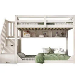 Lit superposé 90x200cm avec escalier de rangement et étagères - 2 tiroirs - Bois massif+panneaux de particules - Blanc><noscript><img width=