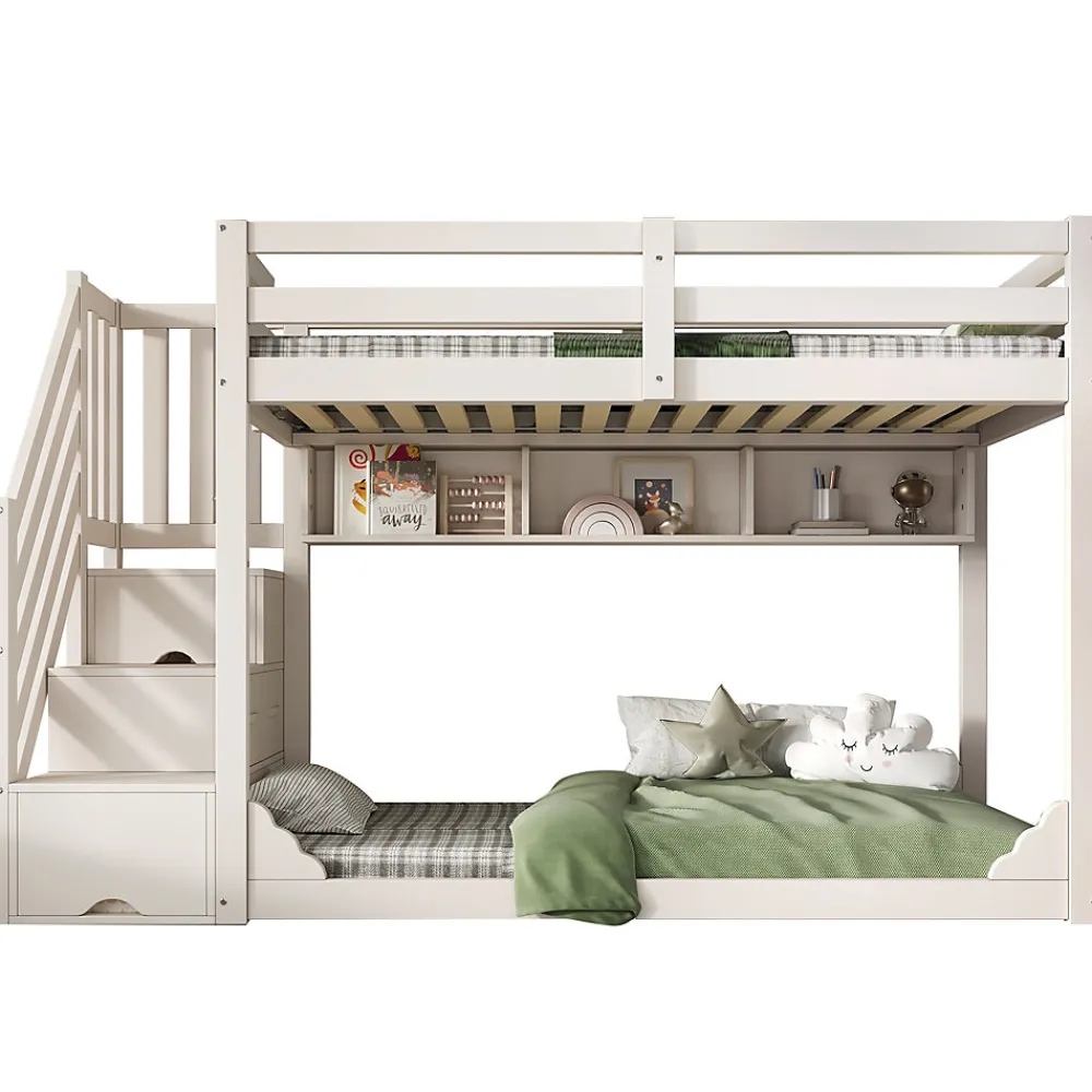 Lit superposé 90x200cm avec escalier de rangement et étagères - 2 tiroirs - Bois massif+panneaux de particules - Blanc>ModernLuxe Discount