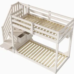 Lit superposé 90x200cm avec escalier de rangement et étagères - 2 tiroirs - Bois massif+panneaux de particules - Blanc><noscript><img width=