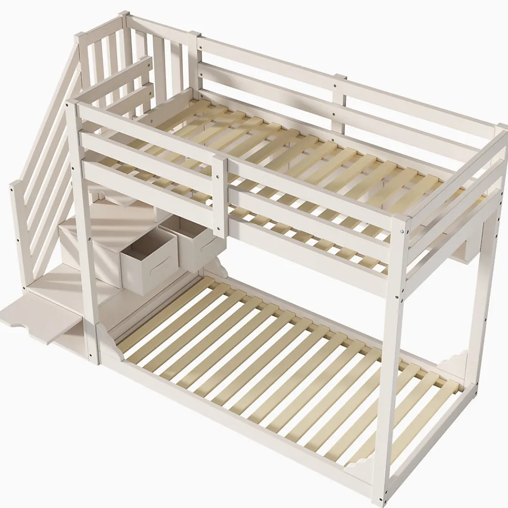 Lit superposé 90x200cm avec escalier de rangement et étagères - 2 tiroirs - Bois massif+panneaux de particules - Blanc>ModernLuxe Discount