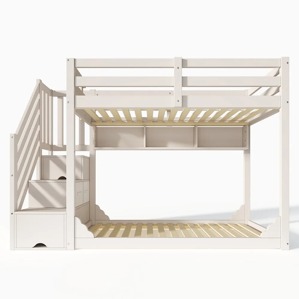 Lit superposé 90x200cm avec escalier de rangement et étagères - 2 tiroirs - Bois massif+panneaux de particules - Blanc>ModernLuxe Discount