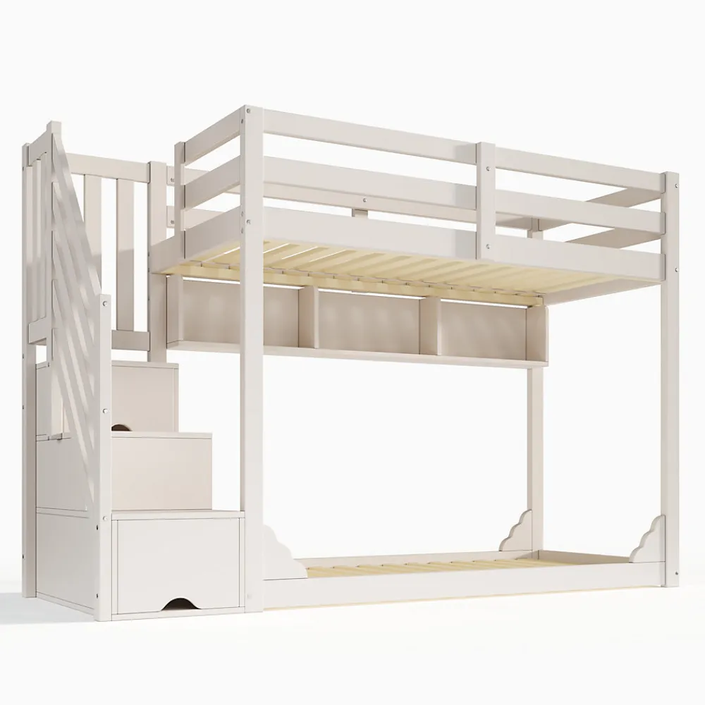 Lit superposé 90x200cm avec escalier de rangement et étagères - 2 tiroirs - Bois massif+panneaux de particules - Blanc>ModernLuxe Discount