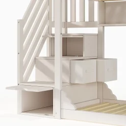 Lit superposé 90x200cm avec escalier de rangement et étagères - 2 tiroirs - Bois massif+panneaux de particules - Blanc><noscript><img width=