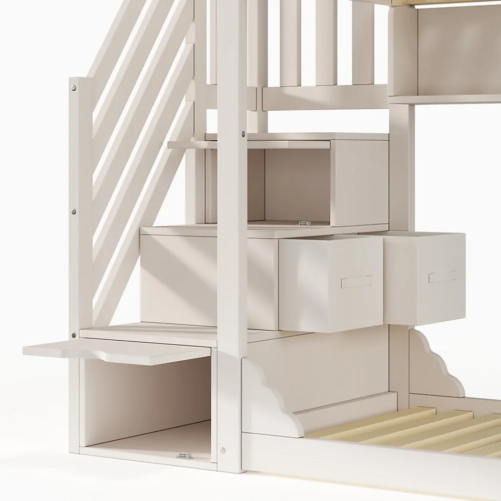 Lit superposé 90x200cm avec escalier de rangement et étagères - 2 tiroirs - Bois massif+panneaux de particules - Blanc>ModernLuxe Discount