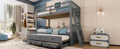 Simple Life Lit superposé 90x200cm avec lit gigogne et 3 tiroirs, pin MDF, pour enfants, sans matelas, gris*Enfant Lit Enfant