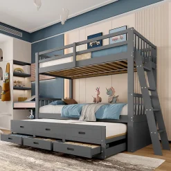 Simple Life Lit superposé 90x200cm avec lit gigogne et 3 tiroirs, pin MDF, pour enfants, sans matelas, gris*Enfant Lit Enfant