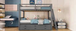 Simple Life Lit superposé 90x200cm avec lit gigogne et 3 tiroirs, pin MDF, pour enfants, sans matelas, gris*Enfant Lit Enfant