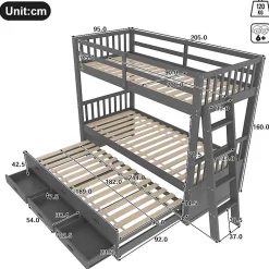 Simple Life Lit superposé 90x200cm avec lit gigogne et 3 tiroirs, pin MDF, pour enfants, sans matelas, gris*Enfant Lit Enfant