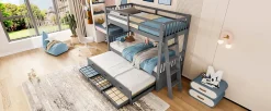 Simple Life Lit superposé 90x200cm avec lit gigogne et 3 tiroirs, pin MDF, pour enfants, sans matelas, gris*Enfant Lit Enfant