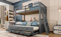 Simple Life Lit superposé 90x200cm avec lit gigogne et 3 tiroirs, pin MDF, pour enfants, sans matelas, gris*Enfant Lit Enfant