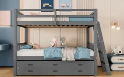 Simple Life Lit superposé 90x200cm avec lit gigogne et 3 tiroirs, pin MDF, pour enfants, sans matelas, gris*Enfant Lit Enfant