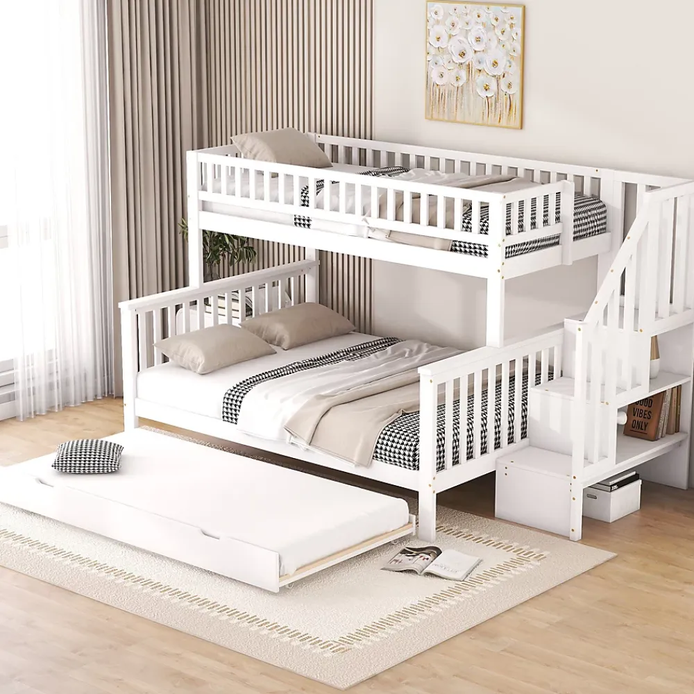 Redom Lit superposé 90x200/140x200 avec sommiers inclus et tiroir gigogne, échelle à rangements, en pin massif blanc*Enfant Lit Enfant