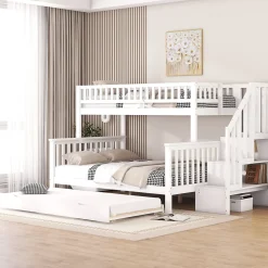 Redom Lit superposé 90x200/140x200 avec sommiers inclus et tiroir gigogne, échelle à rangements, en pin massif blanc*Enfant Lit Enfant