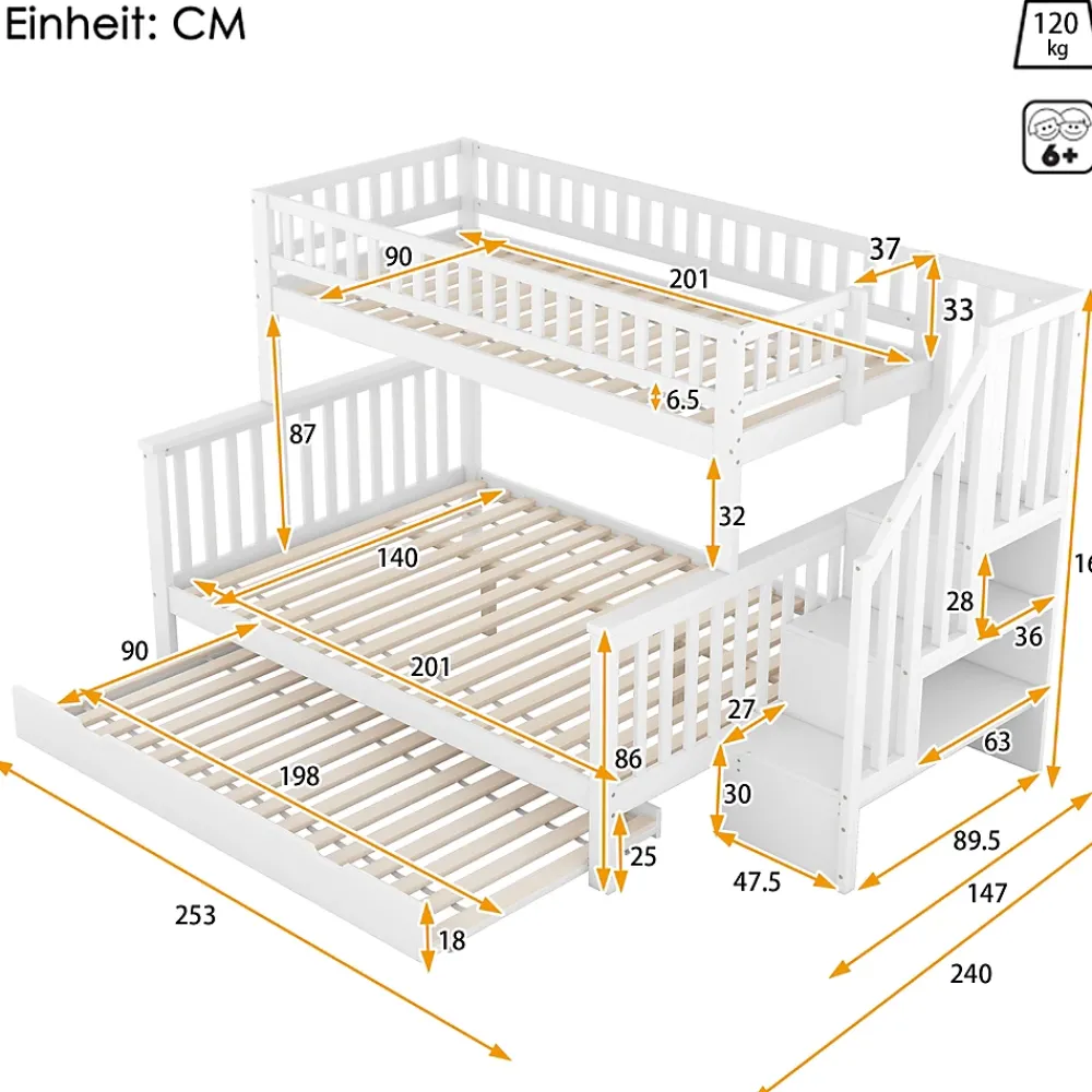 Redom Lit superposé 90x200/140x200 avec sommiers inclus et tiroir gigogne, échelle à rangements, en pin massif blanc*Enfant Lit Enfant